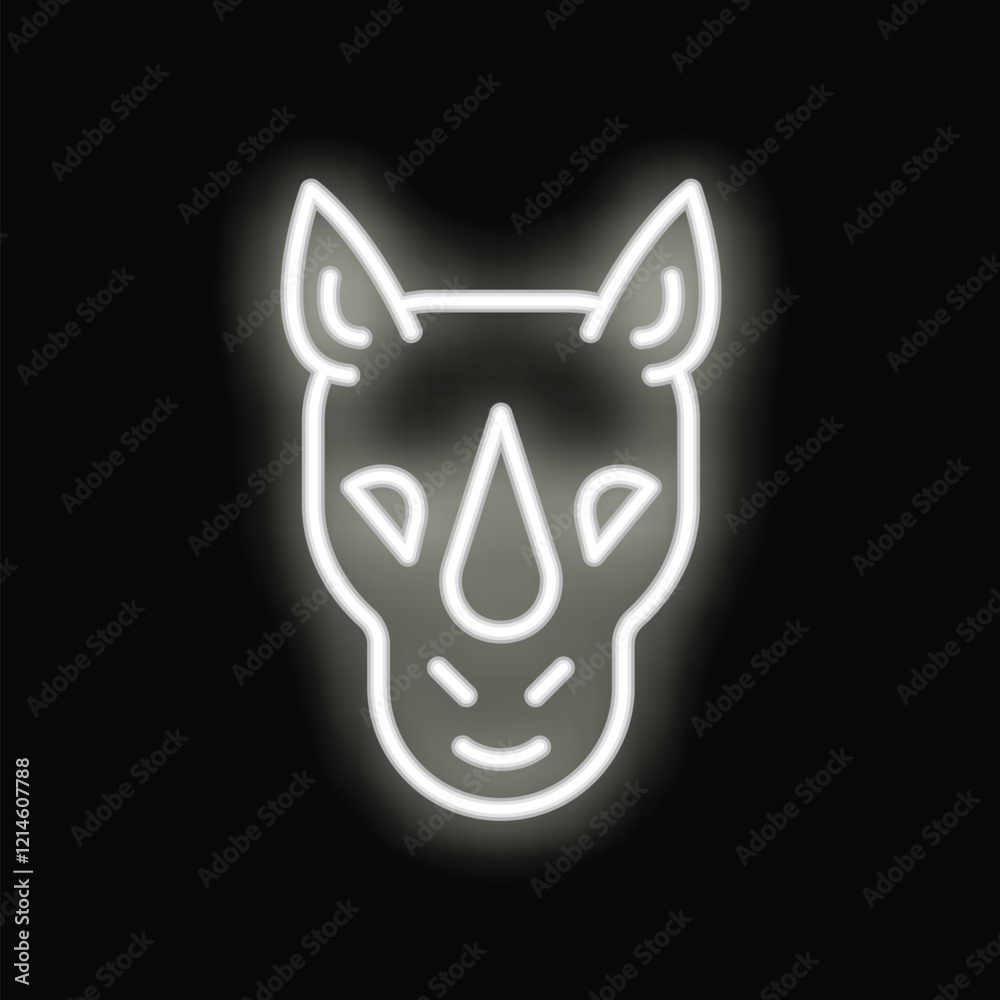 Neon sign of a smiling rhino head glowing white against a black background Neon sign of a smiling rhino head glowing white against a black background