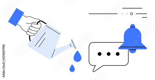 Watering can pouring water on notification bell and chat bubble icons symbolizes nurturing communication. Ideal for digital reminders, communication tools, messaging apps, notifications, social