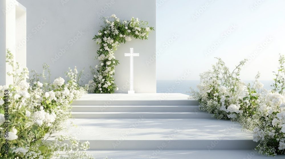 Fototapeta premium Minimalist wedding stage adorned with white floral arrangements, greenery, and a cross, radiating elegance and love