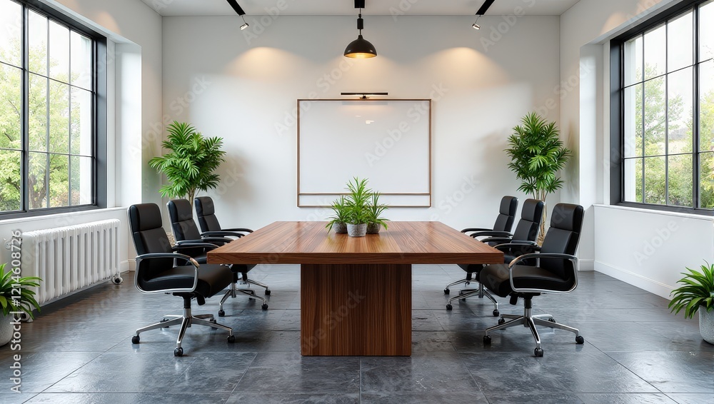 Fototapeta premium Elegant wood-paneled boardroom table surrounded by sleek black chairs, adorned with lush potted plants at its heart. A pristine white backdrop enhances the refined ambiance