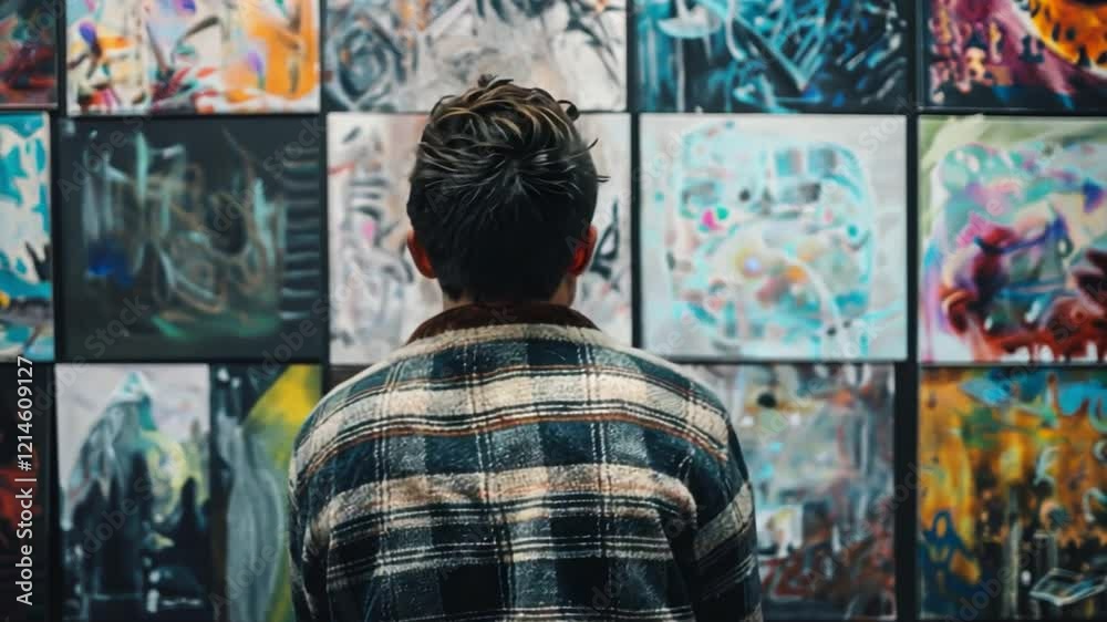 A person stands in front of a collection of colorful contemporary art, absorbing the creativity displayed on the walls. The environment is filled with artistic energy and inspiration. A person stands in front of a collection of colorful contemporary art, absorbing the creativity displayed on the walls. The environment is filled with artistic energy and inspiration.