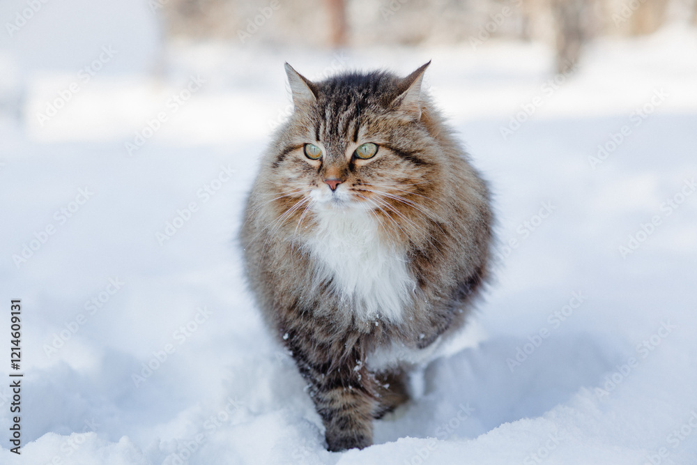 winter portrait of beautiful cat outdoors, fluffy ginger Siberian cat raise paw up standing in snow, lovely pet