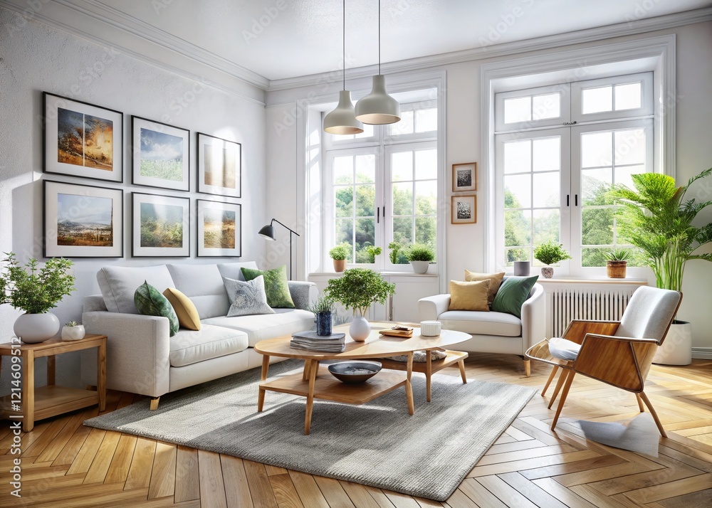 Fototapeta premium Scandinavian Living Room: Bright, airy space with white sofa, armchairs, wooden coffee table, and natural light streaming through a large window.