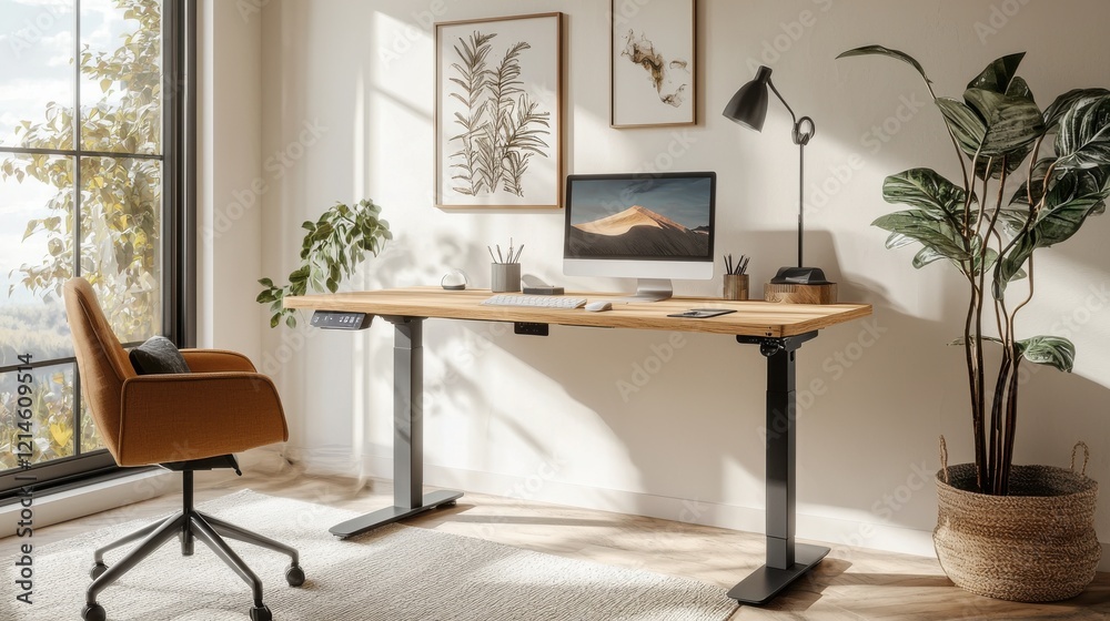 Fototapeta premium Cozy Minimalist Home Office with Natural Lighting and Greenery