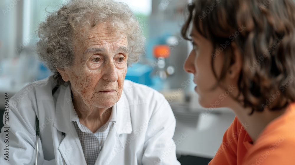 Elderly patient and young doctor discussing health in medical setting Elderly patient and young doctor discussing health in medical setting
