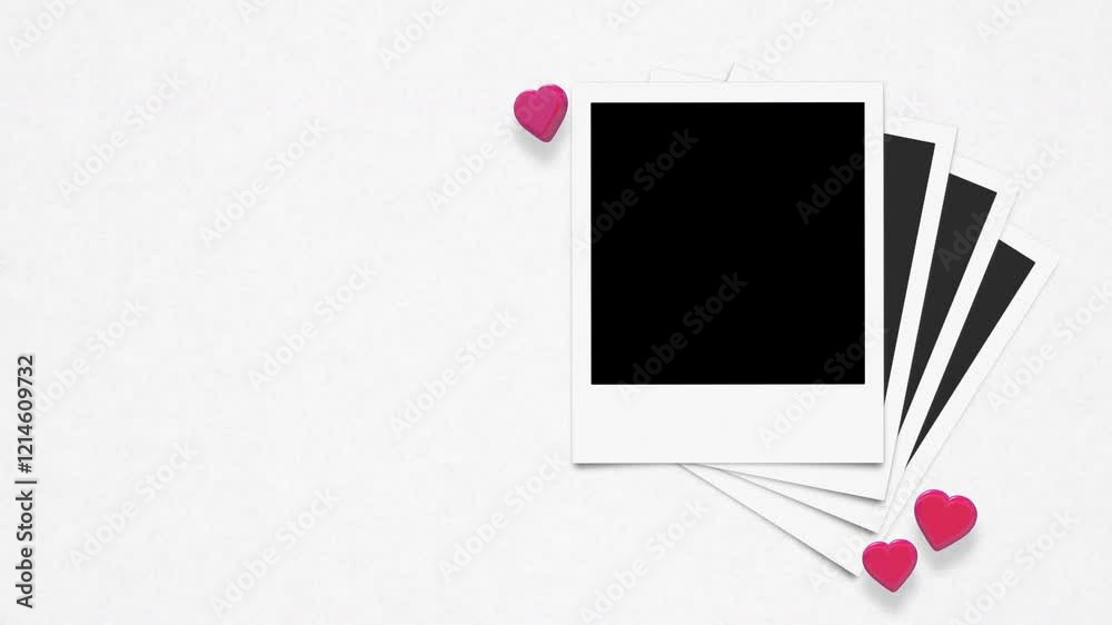Pile Of Retro Instant Photos With Alpha And 3D Floating Hearts On Paper Background Loop
