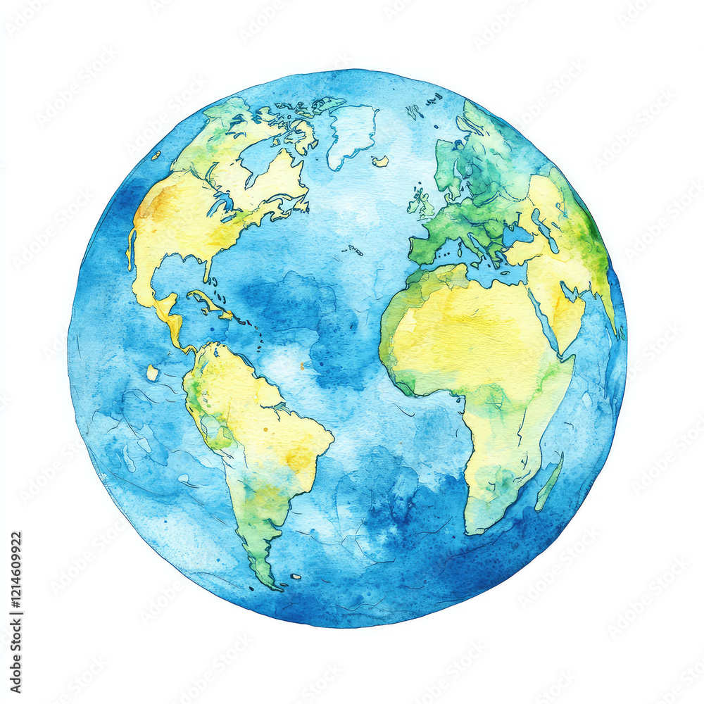 Watercolor globe earth illustration with continents. Vibrant artistic depiction of Earth showcasing continents and oceans, ideal for geography. Isolated on white background Watercolor globe earth illustration with continents. Vibrant artistic depiction of Earth showcasing continents and oceans, ideal for geography. Isolated on white background