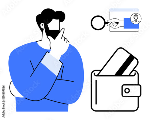 Pensive man with hand on chin, magnifying glass and online search, credit card in wallet. Ideal for online security, finance, identity verification, personal safety, internet privacy, fraud