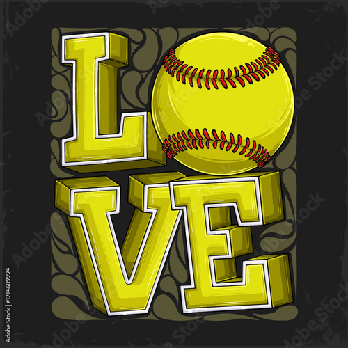 Hand drawn love lettering in sport softball ball colors, i love playing softball games isolated