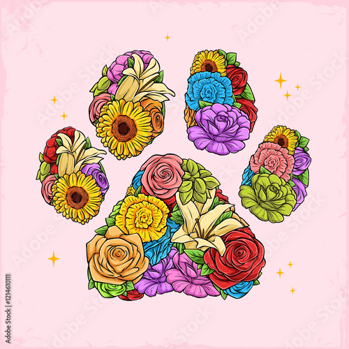 Hand drawn set of colorful flowers in dog paw shape mark, animal footprint filled with flowers 