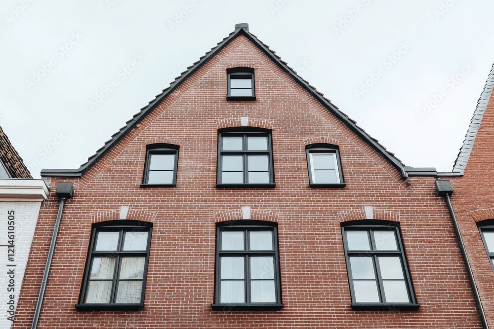 A brick building featuring numerous windows that highlight its unique architectural style and design stands prominently in an urban setting on an overcast day A brick building featuring numerous windows that highlight its unique architectural style and design stands prominently in an urban setting on an overcast day