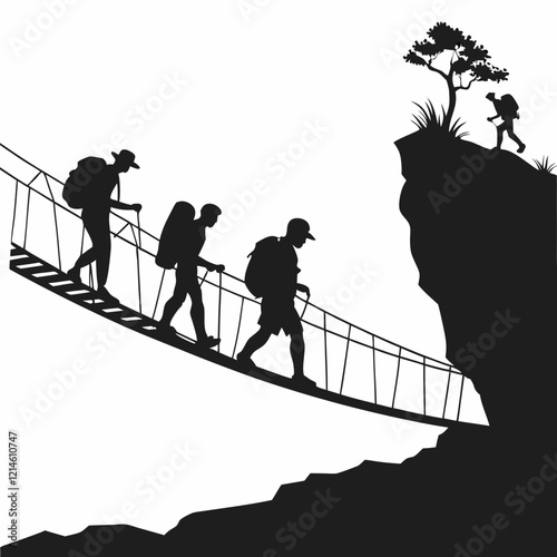  A group of hikers crossing a bridge black silhouette vector art illustration