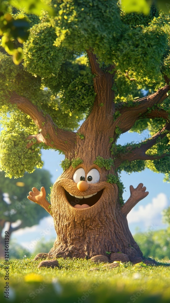 Obraz premium Happy Cartoon Tree Character In Sunny Meadow