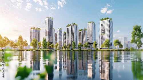 Modern urban skyline with green rooftops reflecting in a serene lake under a clear sky photo