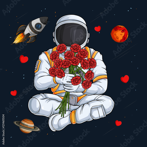 Hand drawn astronaut in space suit sitting in yoga pose in outer space holding a bouquet of flowers