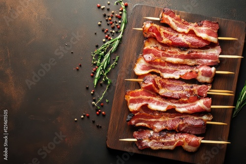Bacon strips on a wooden board with copy space, top view, dark brown background