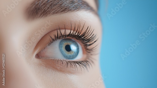 Close-up of a young caucasian female's blue eye against a blue background photo