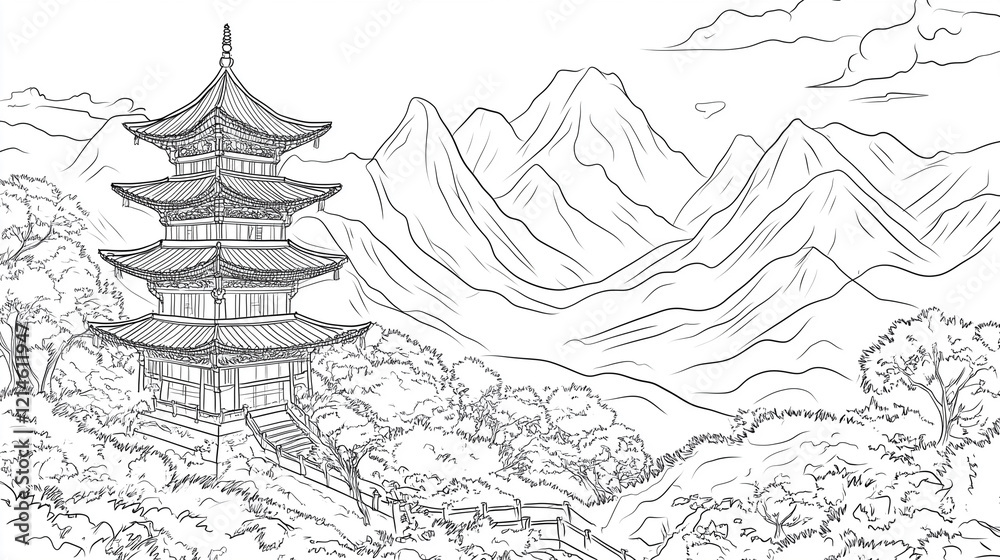 Naklejka premium Japanese pagoda in mountains landscape. Asian style background. Coloring page for adults, black and white architecture. Chinese korean illustration