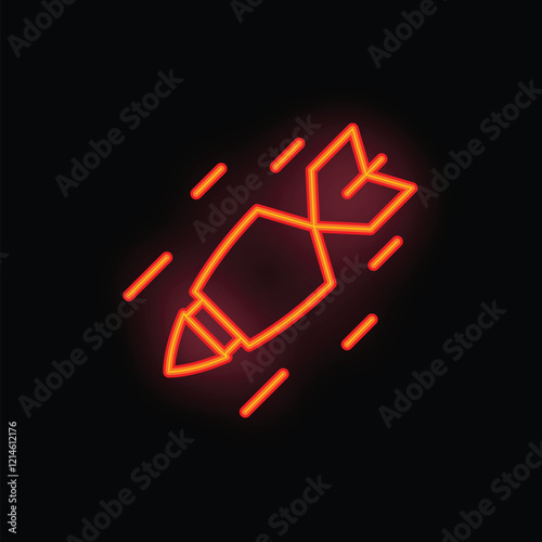 Bright red neon sign of a falling bomb with motion lines glowing on a black brick wall