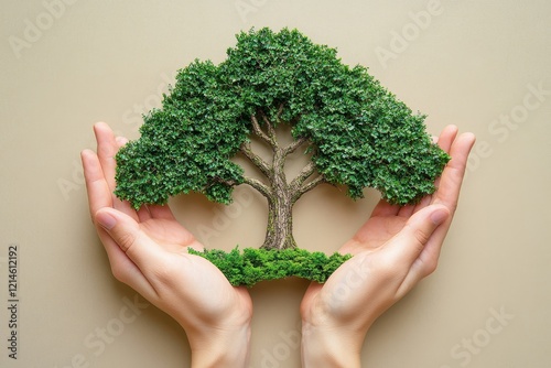 Ecology, eco-friendly growing tree plant on volunteer's hand natural background for go green, CSR ESG Arbor day, reforestation sustainable bio forest saving environment ecosystems, Generative AI photo