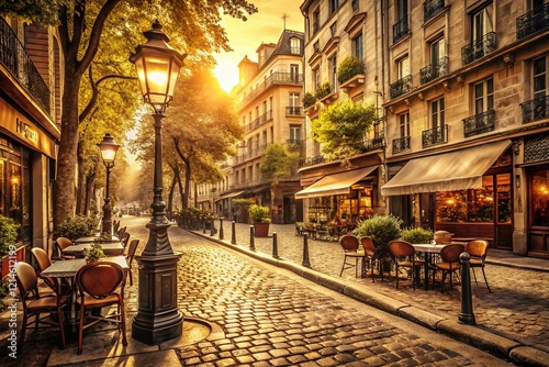 Sepia-toned Vintage Paris Street Scene: Charming Old World Architecture and Cobblestone Streets photo