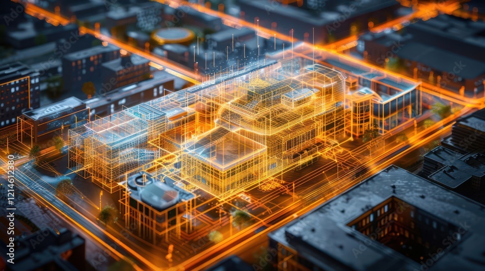 Aerial view of a futuristic urban development with glowing architectural designs and busy streets Aerial view of a futuristic urban development with glowing architectural designs and busy streets
