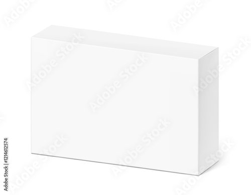Realistic white closed paperboard box mockup. Vector illustration isolated on white background. Taking your 2D designs into 3D. Can be use for medicine, food, cosmetic and other. EPS10.