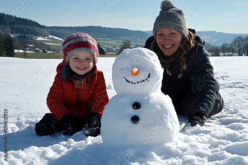 Icy sports for happy family: makes a frosty figure together. Out photo