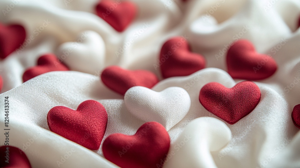 Fototapeta premium Romantic love concept: red and white hearts scattered on white fabric, soft and elegant design for Valentine’s Day and heartfelt designs.