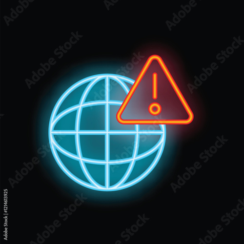 Glowing neon icon of planet earth showing warning sign on black background