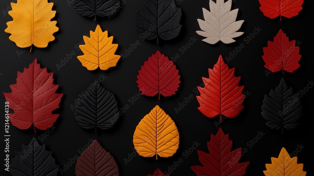 Fototapeta premium Autumnal Leaf Pattern: A captivating arrangement of autumn leaves in rich, warm hues—reds, oranges, and browns—arranged against a stark black background.