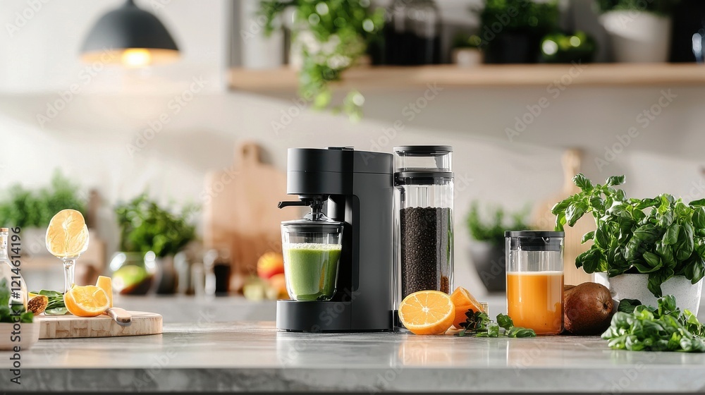 Healthy Fruit and Vegetable Juicer and Blender on Modern Kitchen Countertop Healthy Fruit and Vegetable Juicer and Blender on Modern Kitchen Countertop