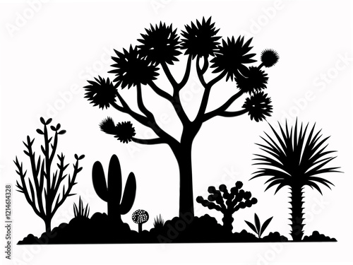 Black silhouette of joshua tree, cacti, agaves, and prickly pear illustration