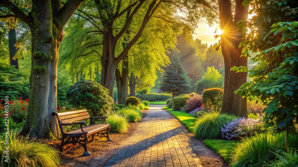 Fototapeta premium Serene Countryside Park Alley: Macro View of Trimmed Plants, Bench & Path