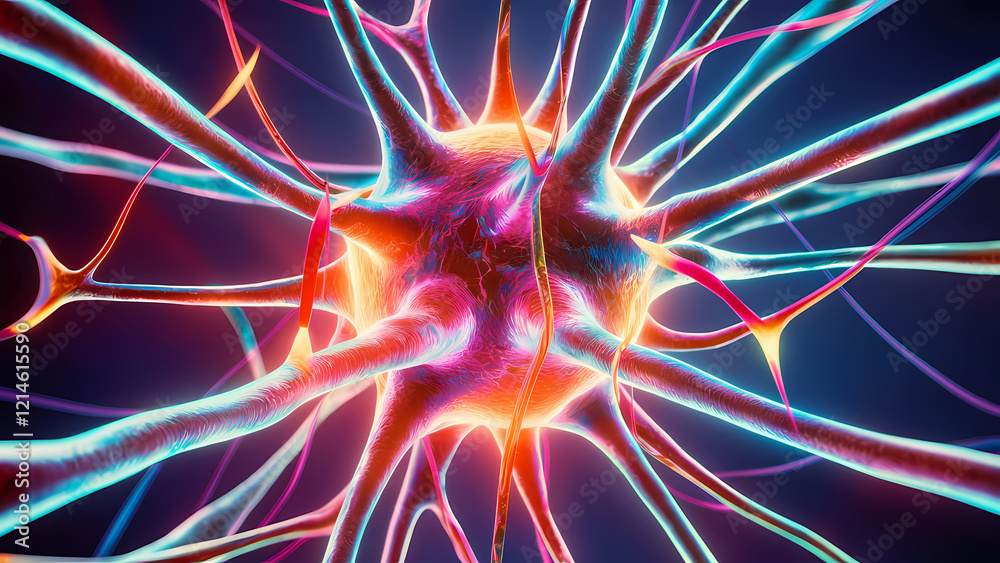 Fototapeta premium 3D Render of a Close-up Neuron Showcasing Its Intricate Structure and Interconnected Networks - Digital Art