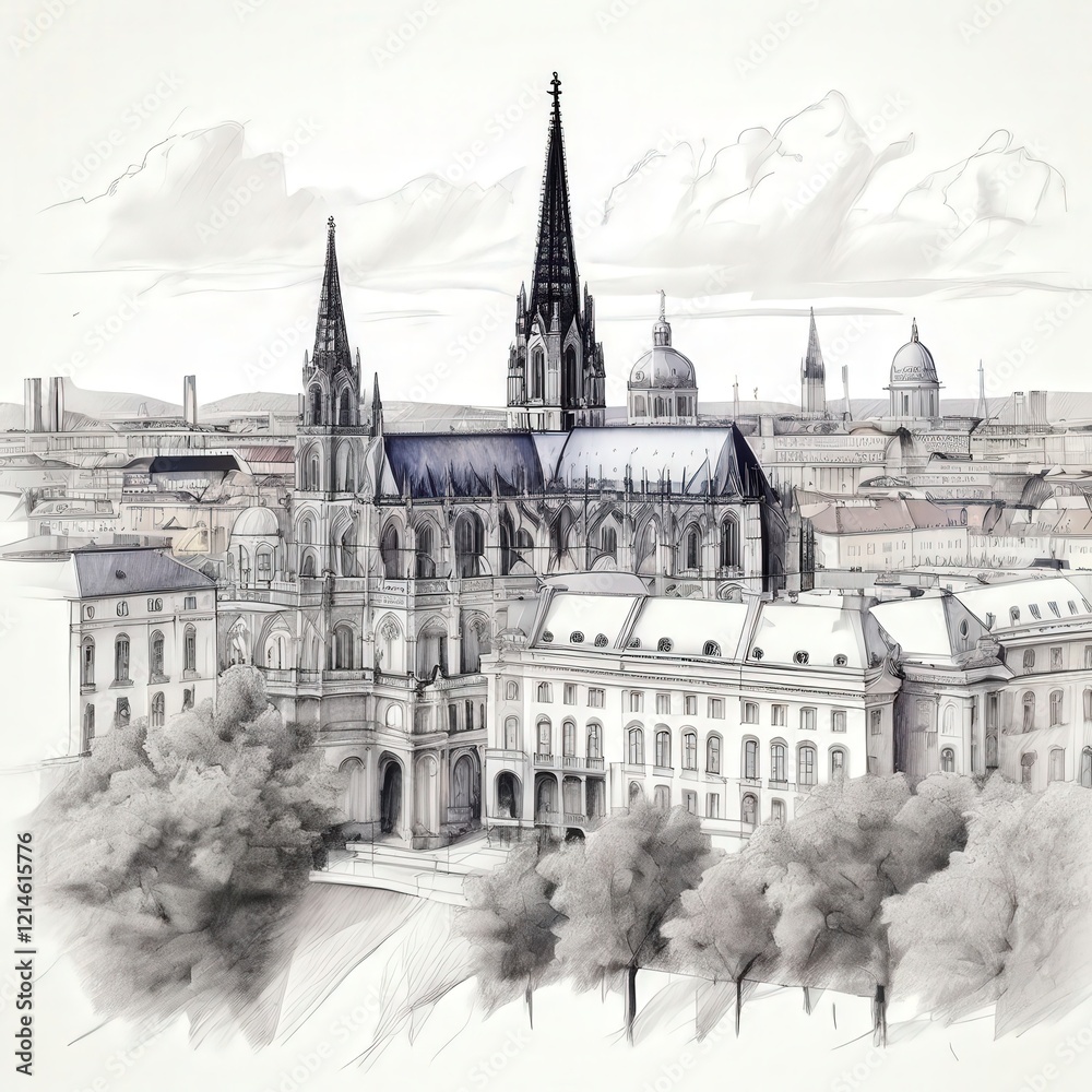 Naklejka premium the AI Image Generator, Sketch of Historic Gothic Cathedral in Urban European