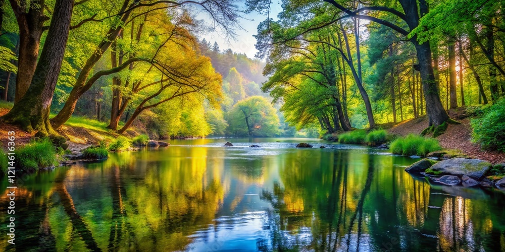 Obraz premium Serene Forest River: Scenic Landscape Photography - Calm Water, Lush Greenery