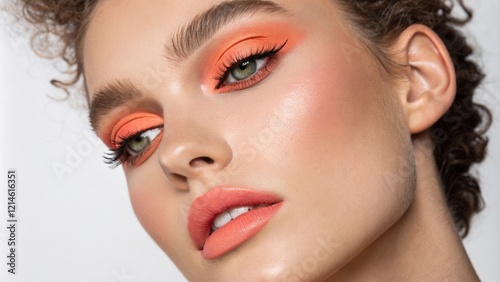 A captivating image of a person with radiant neon peach lipstick that provides a fresh and modern twist. Their eyes are dressed in matching neon peach eyeshadow creating a soft yet photo