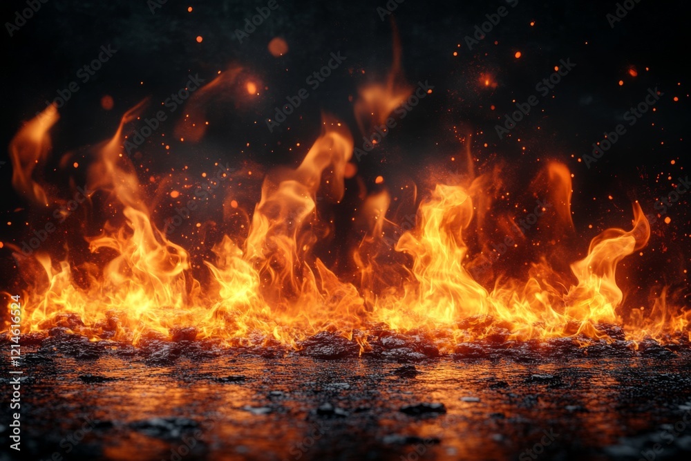 Fire burning with sparks over dark background