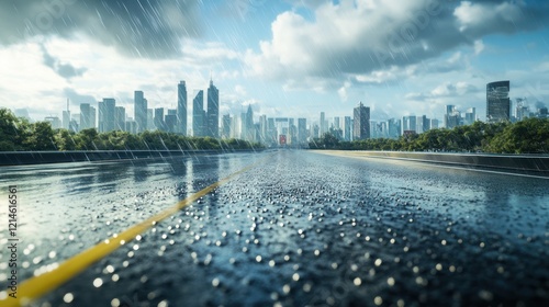 Rainy city road, skyscrapers backdrop, sunlit downpour, urban travel