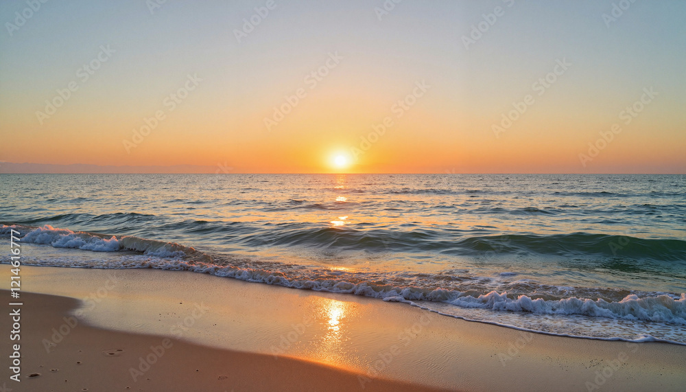 Fototapeta premium Serene sunrise over gentle waves at beach, peaceful beginnings