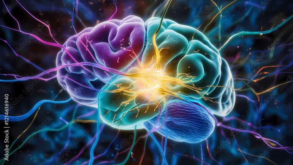Obraz premium A Colorful Brain Cell Beautifully Showcasing Its Complex Network of Intricate Connections With a Glowing Yellow Synapse - Digital Art