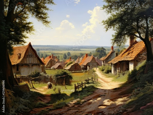 the AI Image Generator, Village Scene with Wooden Houses and Green Countryside photo