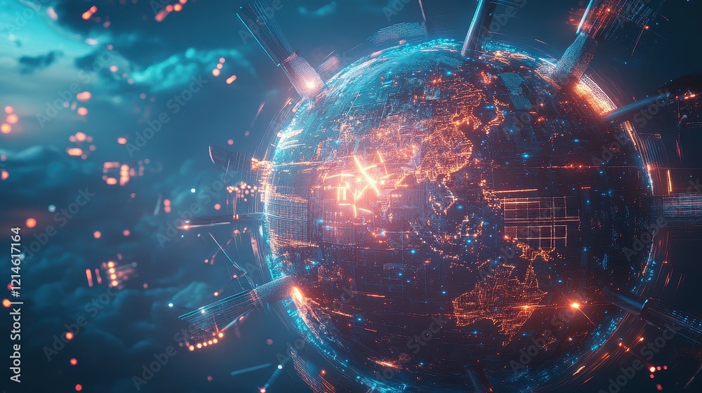 Obraz premium Conceptual image of a globe encircled by glowing wind turbines and solar panels, symbolizing global adoption of renewable energy