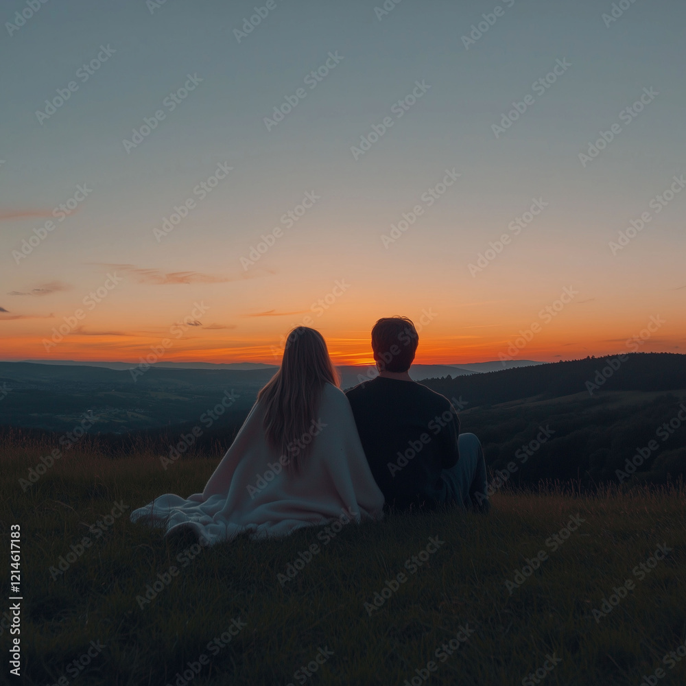 A couple sitting close together on a grassy hill A couple sitting close together on a grassy hill