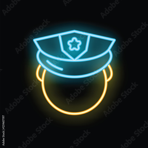 Neon sign illuminating a police officer wearing a peaked cap with a badge, on a dark background
