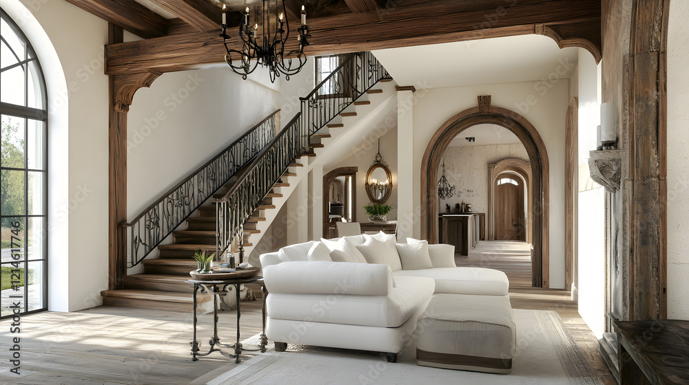 Fototapeta premium A welcoming living room with wooden details, soft furniture, and natural light filling the space.