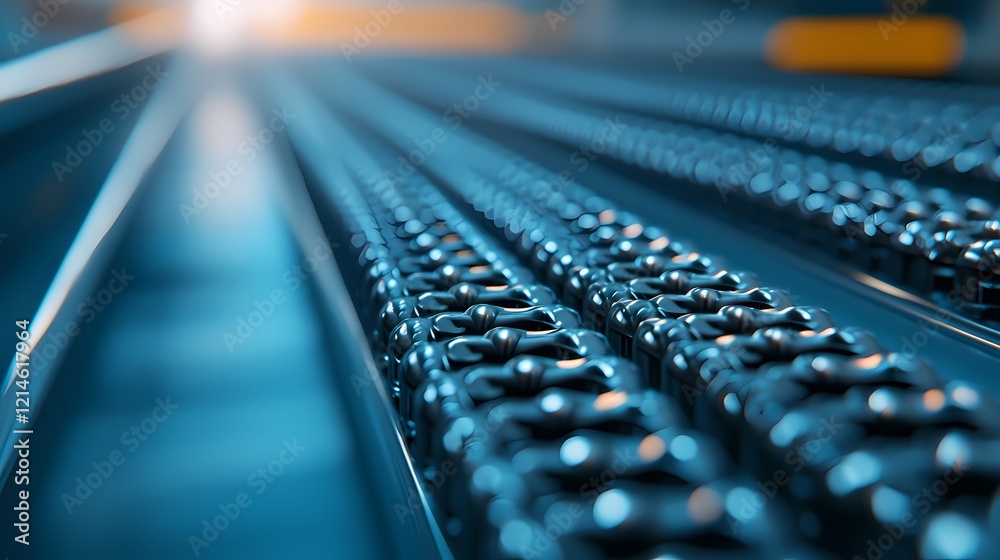 A close-up view of a conveyor belt system with shiny links, showcasing a modern industrial setting and depth of field. A close-up view of a conveyor belt system with shiny links, showcasing a modern industrial setting and depth of field.