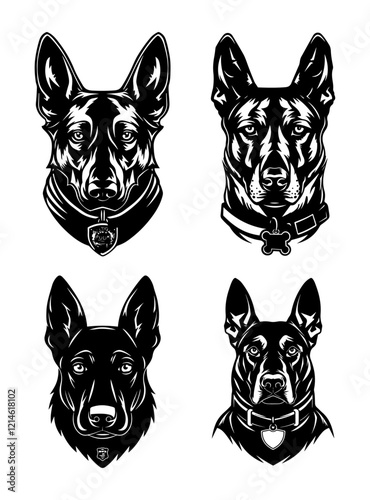 Four black-and-white German Shepherd-style dog portraits, each detailed with collars and realistic expressions.