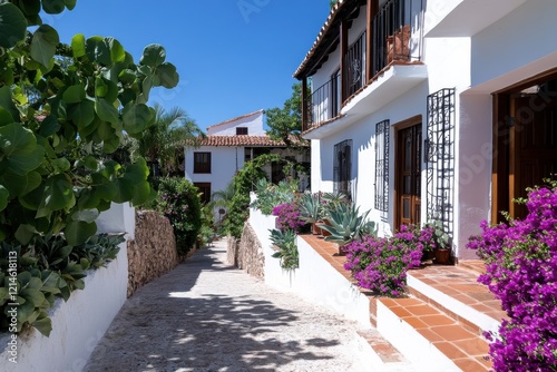 A picturesque pathway meanders through a sunny landscape, flanked by whitewashed houses adorned with colorful flowers, creating a serene and inviting atmosphere.